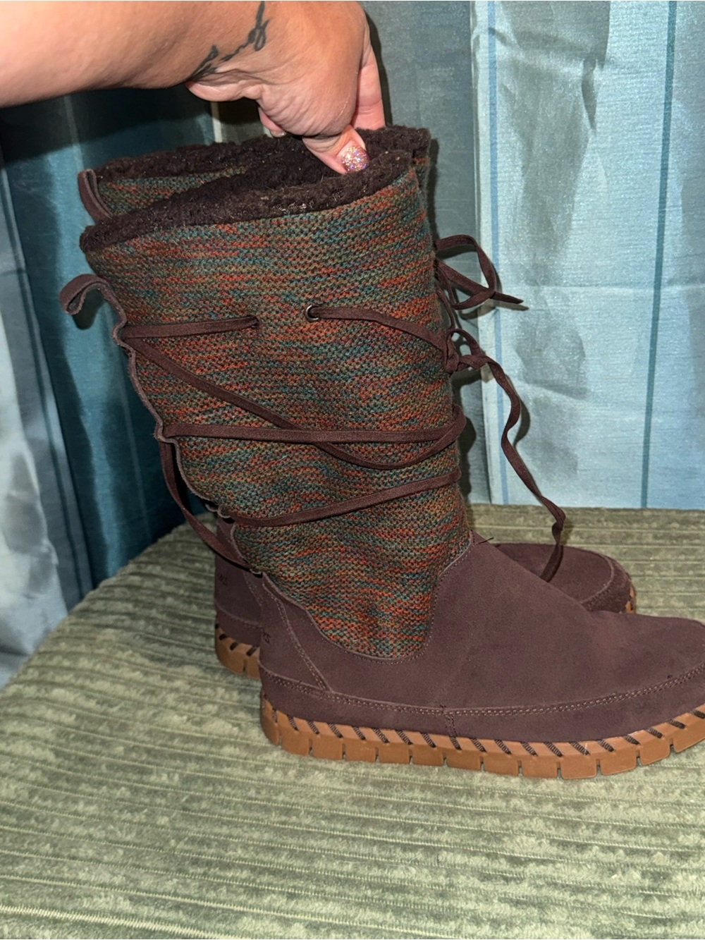 Muk Luks Brown Knit-Accent Lace-Up Boots